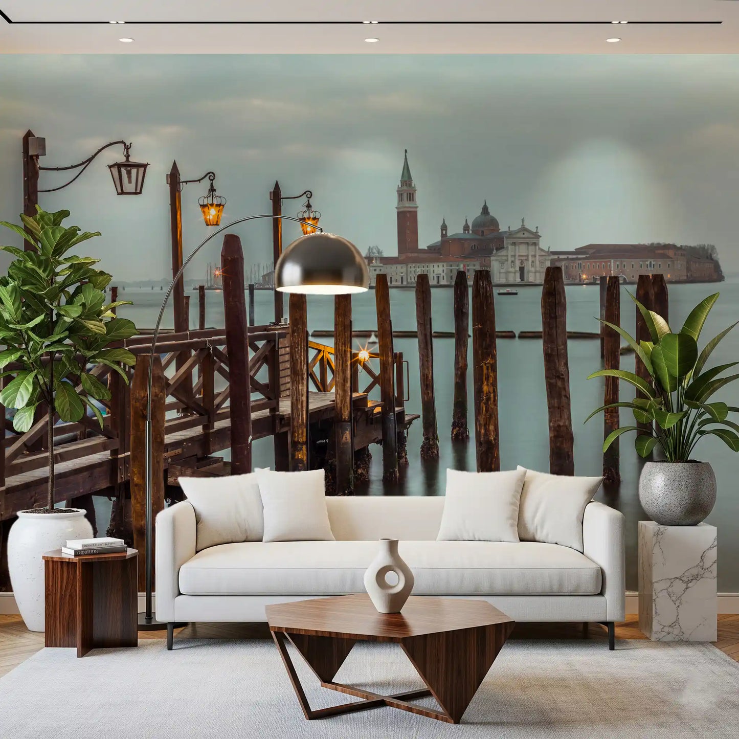 Wooden walkway and lit lanterns pull the eye into a Living room, Twilight Pier wall mural
