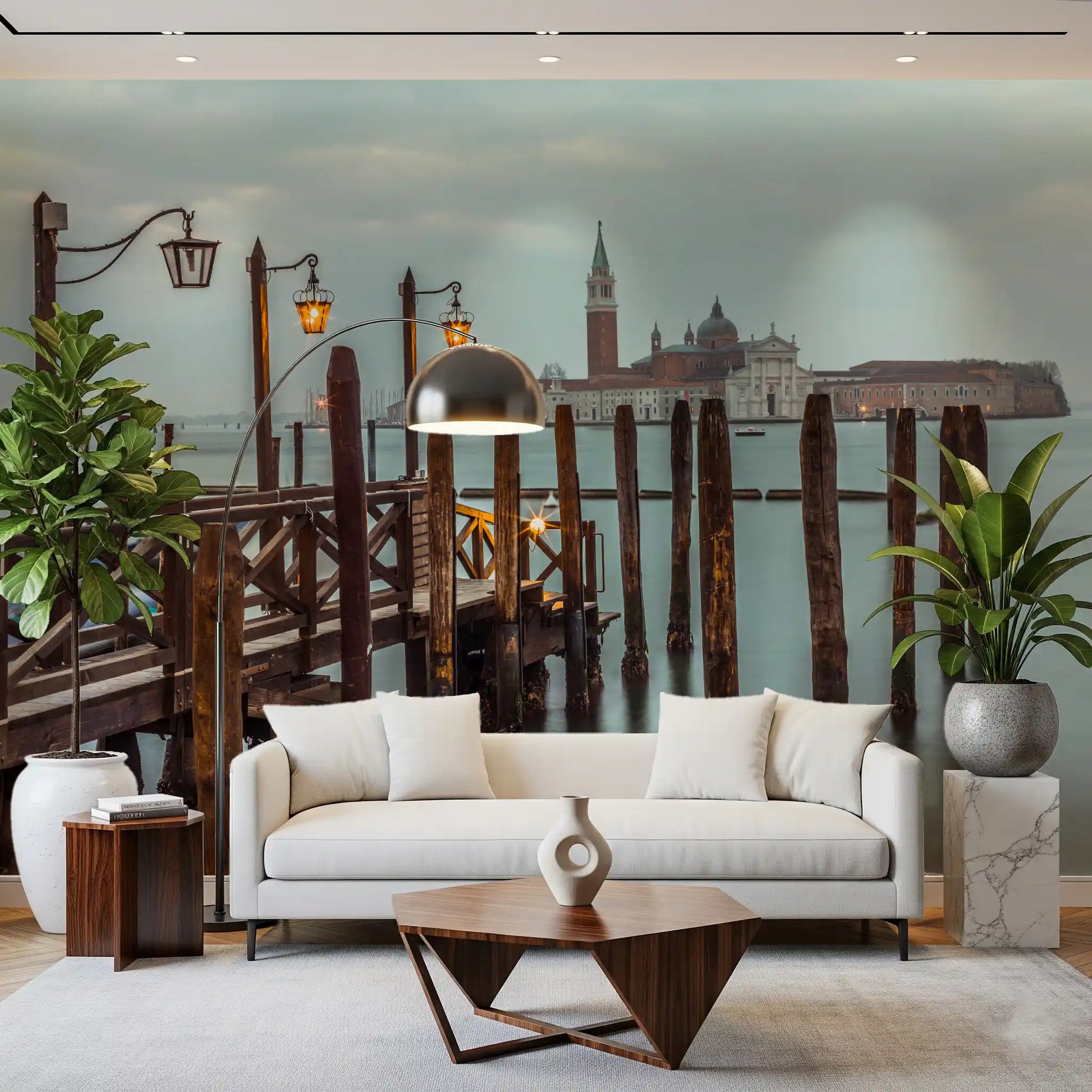 Wooden walkway and lit lanterns pull the eye into a Living room, Twilight Pier wall mural