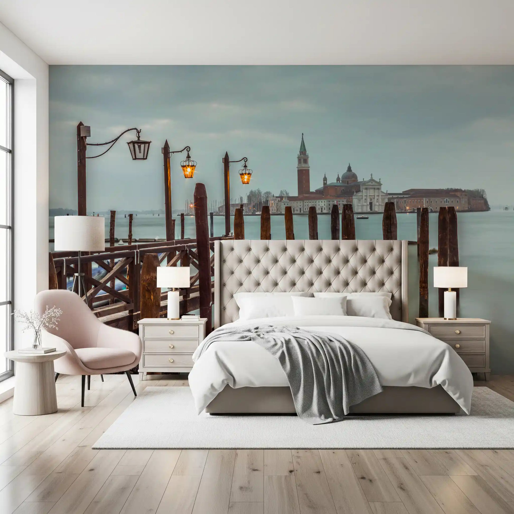 Pier posts and lagoon view fill a Bedroom with this Venetian Twilight wall mural