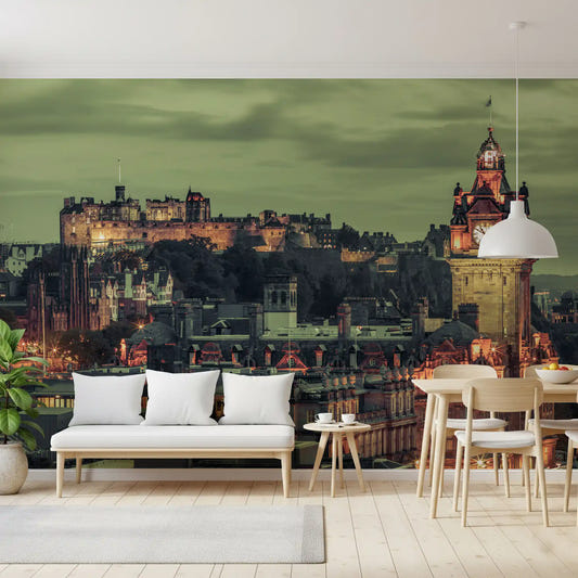 Edinburgh evening glow lifts a Dining room, the Castle & Clock Tower wall mural ahead.