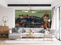 Climbing across the Living room is the Edinburgh Castle & Clock Tower wall mural's skyline.