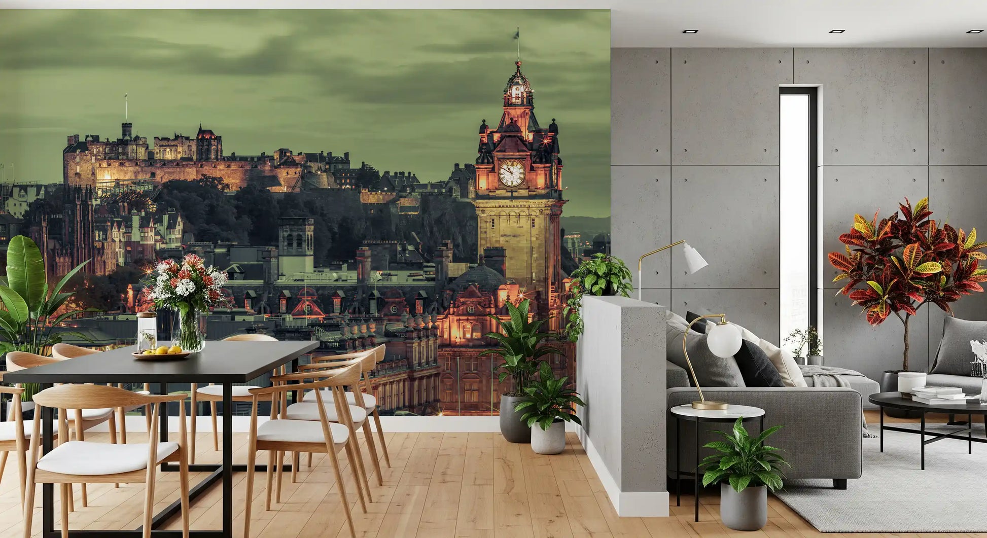 A grand Edinburgh skyline takes over the master Living and dining room this Castle wall mural.