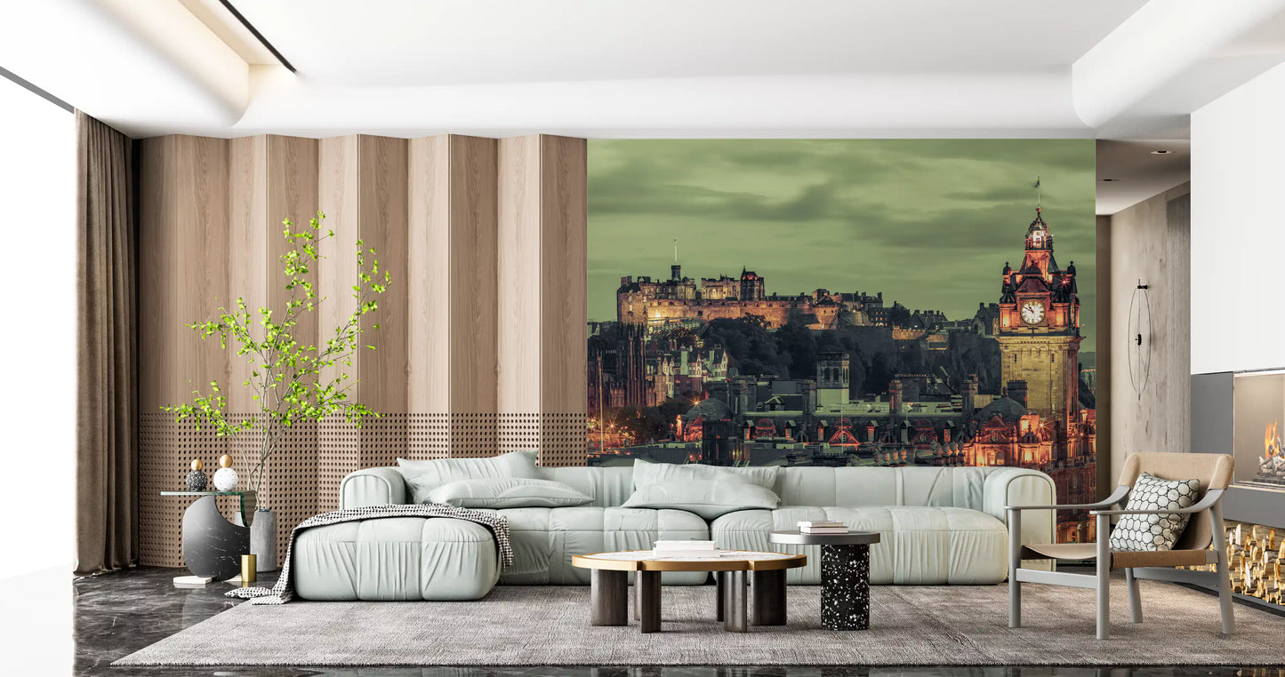 Tall gothic clock tower with flagpole rises in this Edinburgh Grandeur wall mural scene.