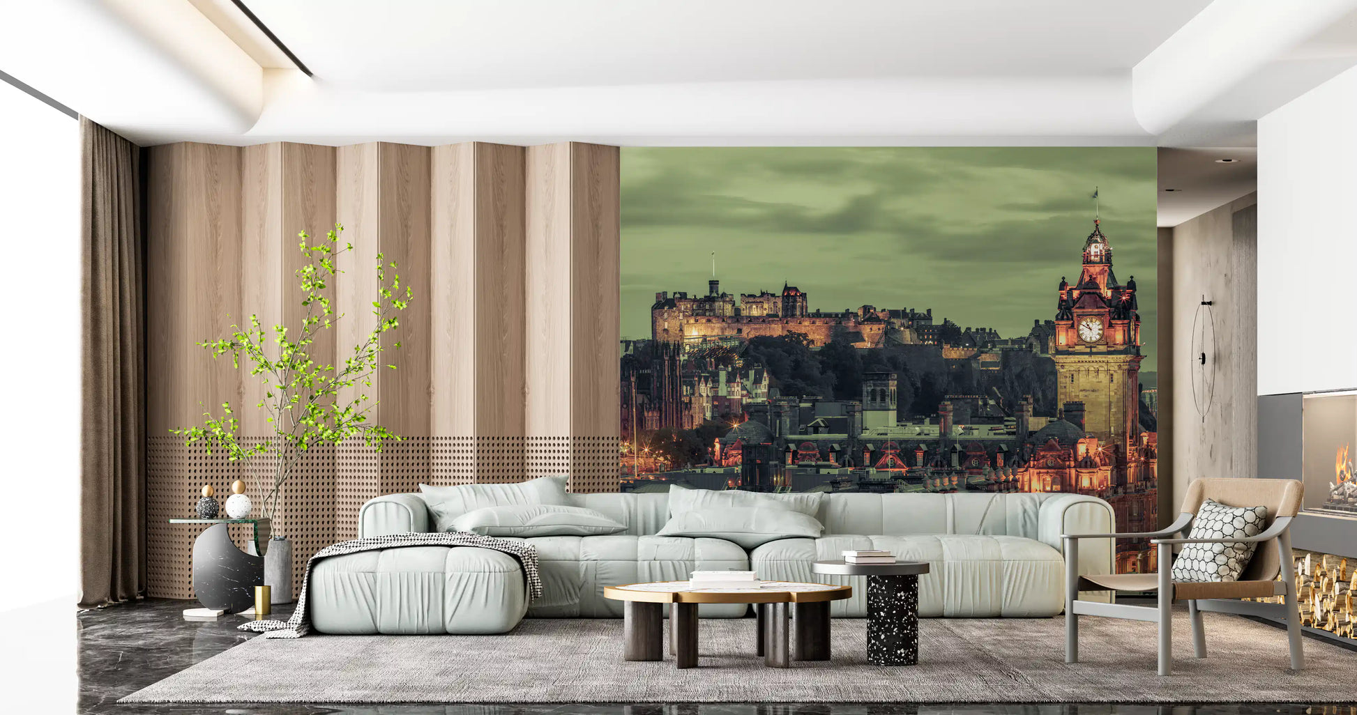 Tall gothic clock tower with flagpole rises in this Edinburgh Grandeur wall mural scene.