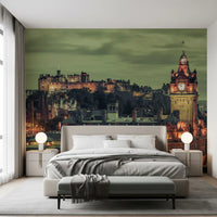 Hushed dusk mood drifts over the Bedroom with the Edinburgh Grandeur wall mural at rear.