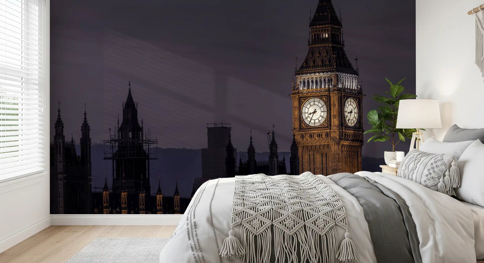Purple sky and lit spires from this Twilight Over Big Ben wall mural reach a bedroom.