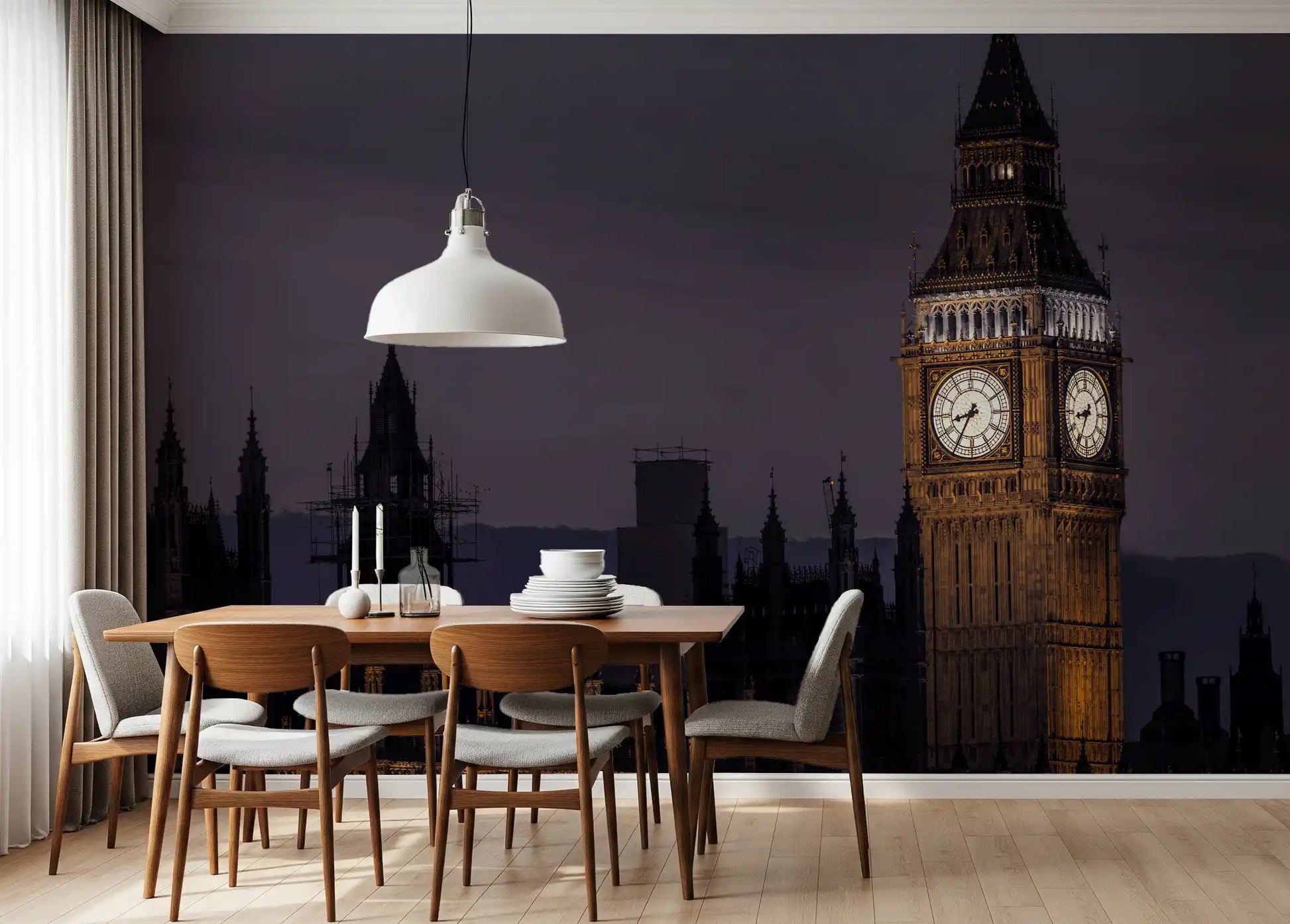 Warm gold spires from the Twilight Over Big Ben wall mural touch a Dining room backdrop.