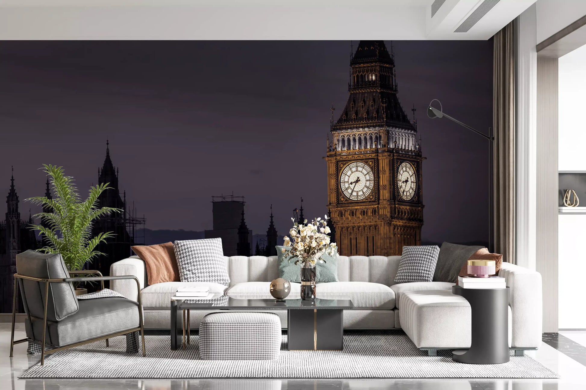 Honey stone facades sweep below a purple sky on this Twilight Over Big Ben wall mural.