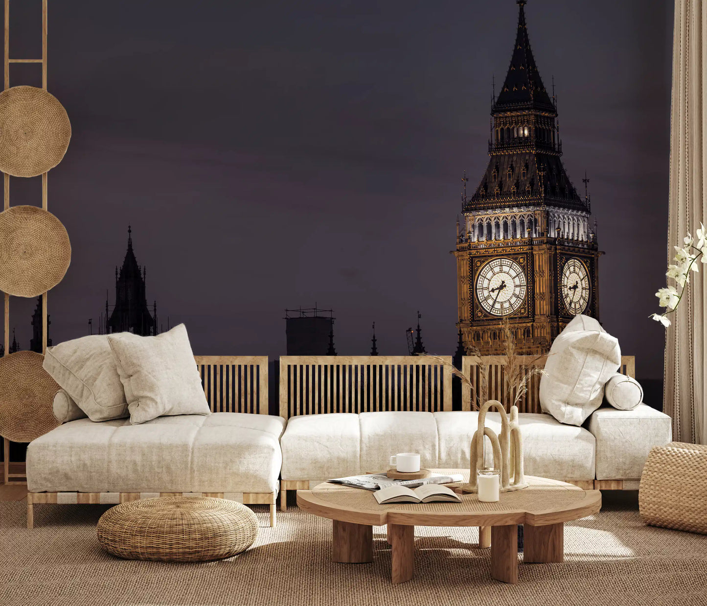 Living room mood arrives from the Twilight Over Big Ben wall mural's lit dusk scene.