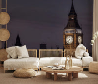 Living room mood arrives from the Twilight Over Big Ben wall mural's lit dusk scene.