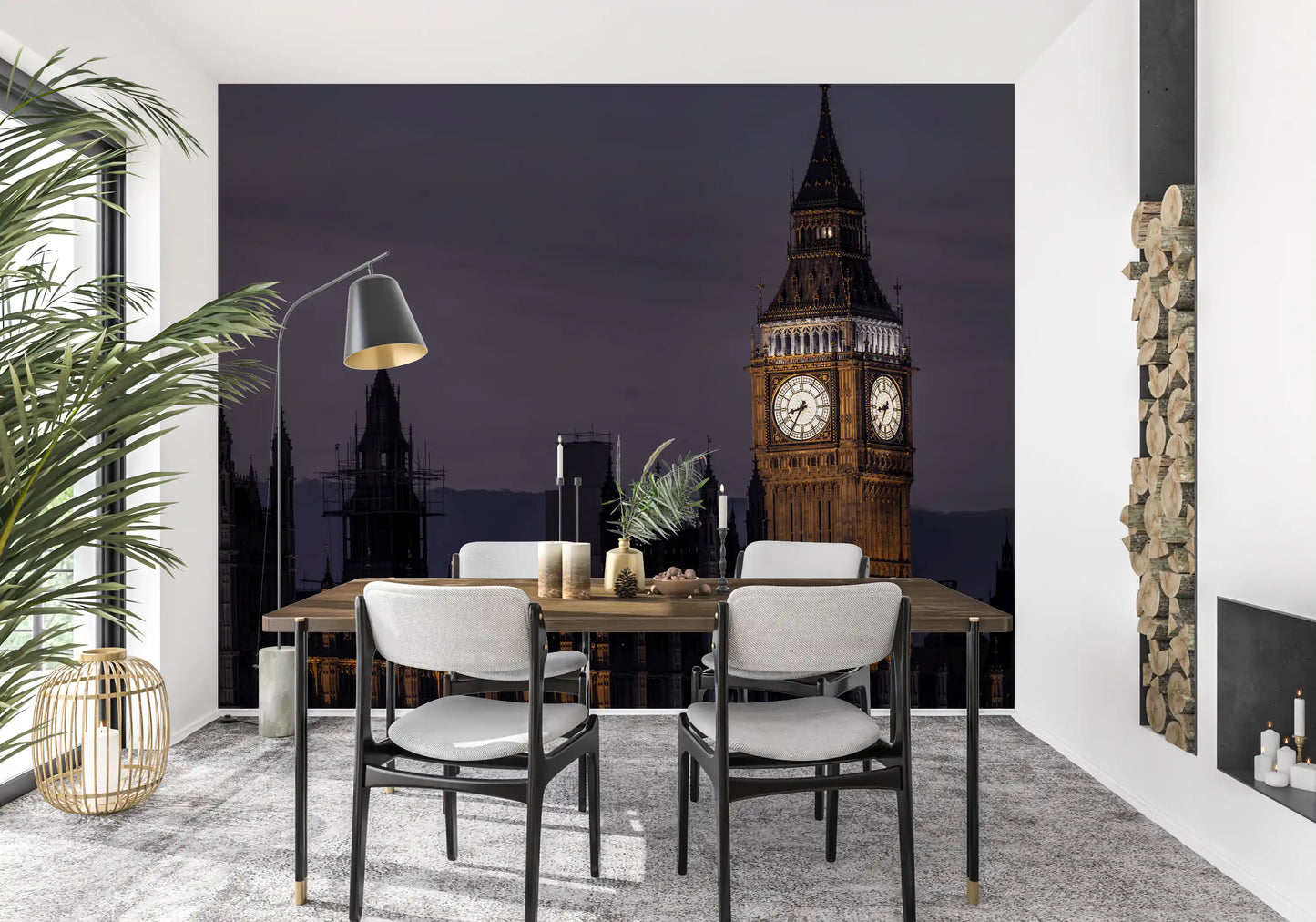 Sharp gothic spires of the clock tower climb across the Twilight Over Big Ben wall mural.