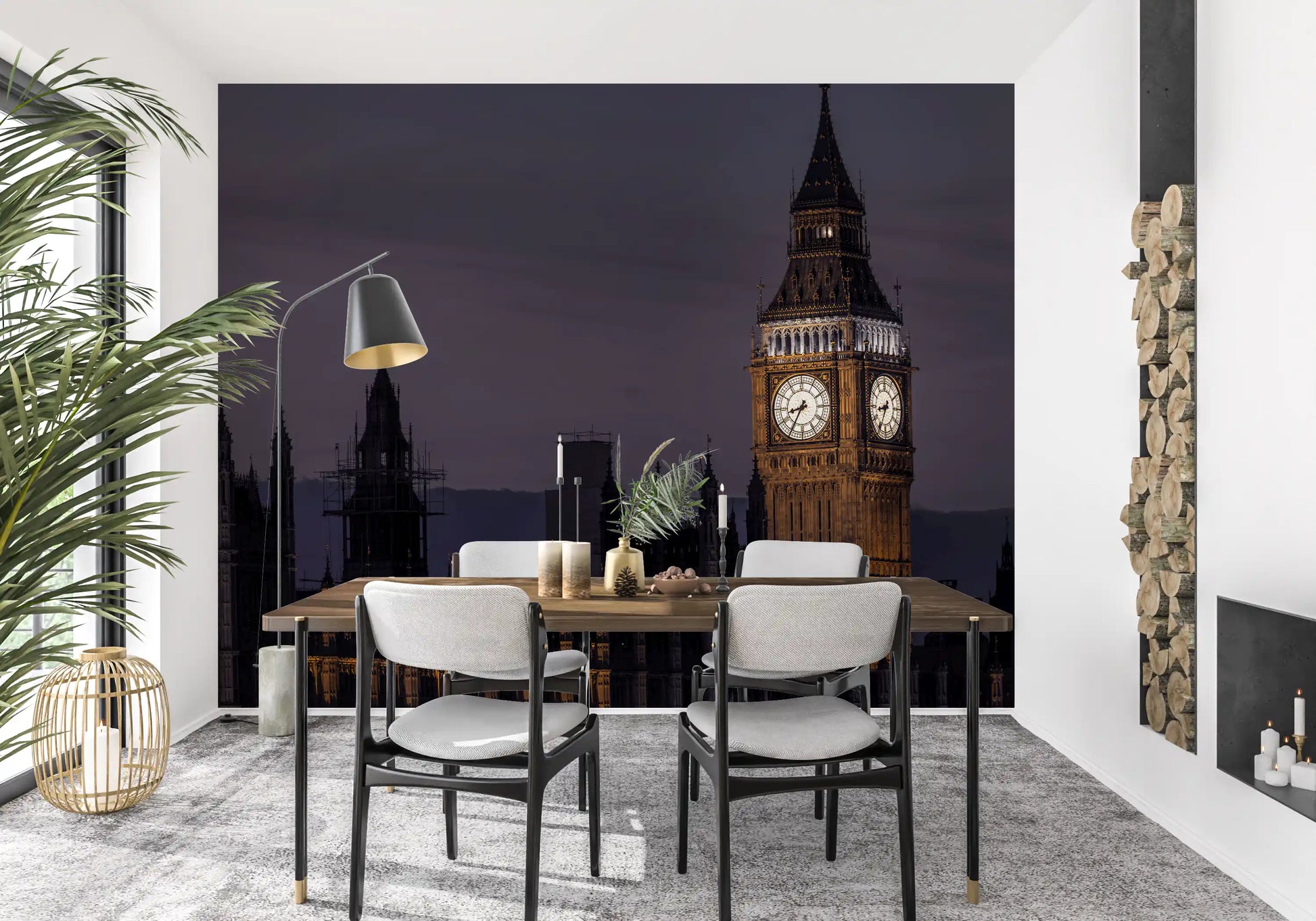 Sharp gothic spires of the clock tower climb across the Twilight Over Big Ben wall mural.