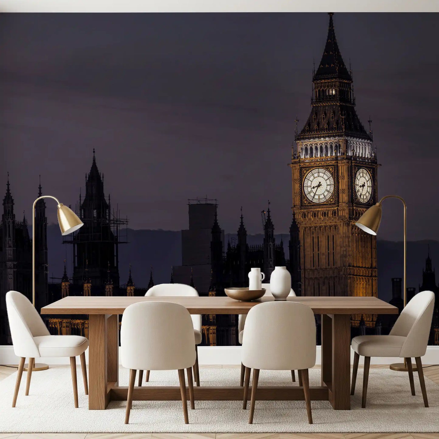 Behind a Dining room, the Twilight Over Big Ben wall mural casts a Victorian dusk feel.