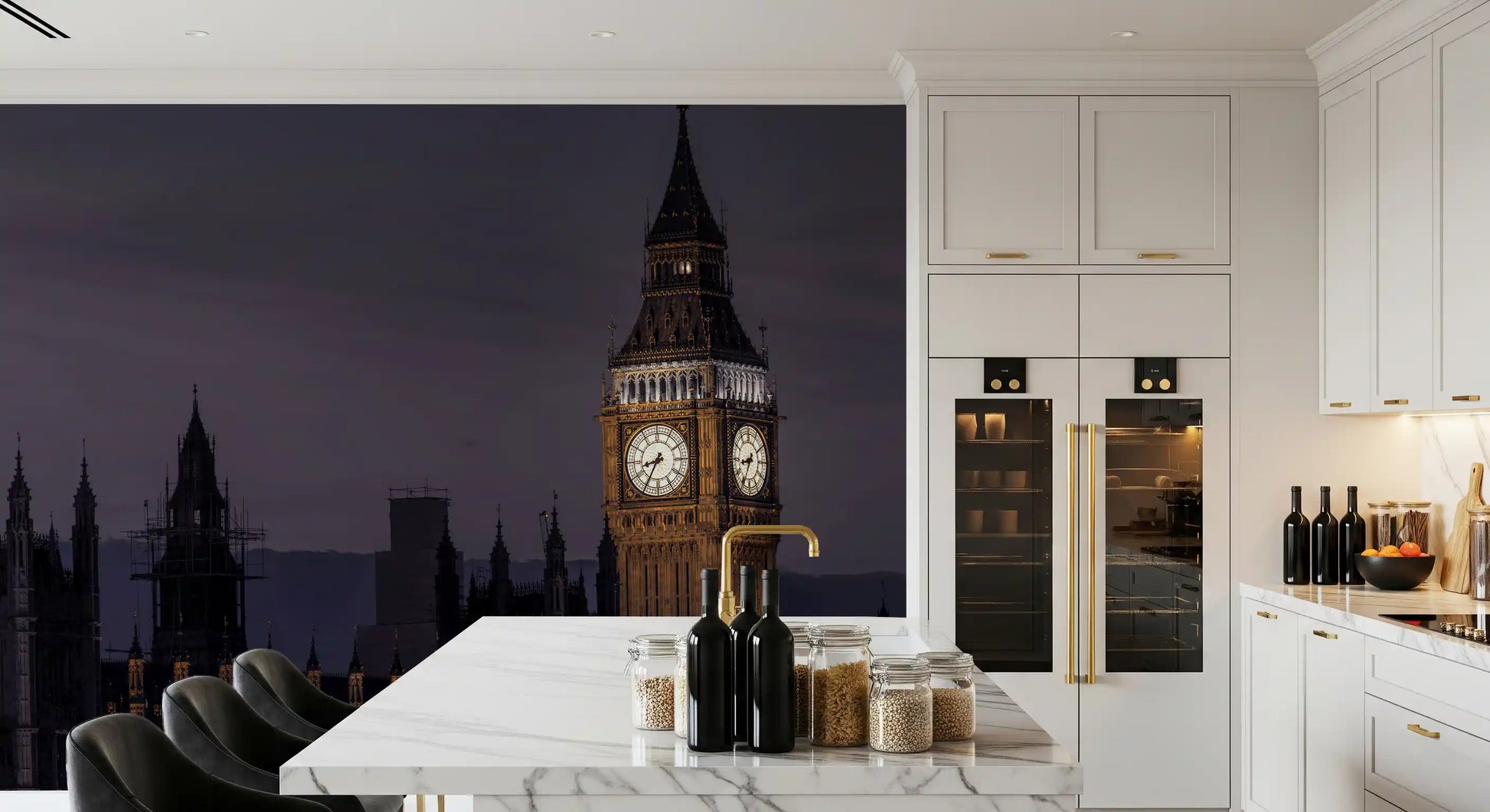 Two lit clock faces glow on the upper tower of this Twilight Over Big Ben wall mural.