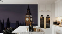 Two lit clock faces glow on the upper tower of this Twilight Over Big Ben wall mural.