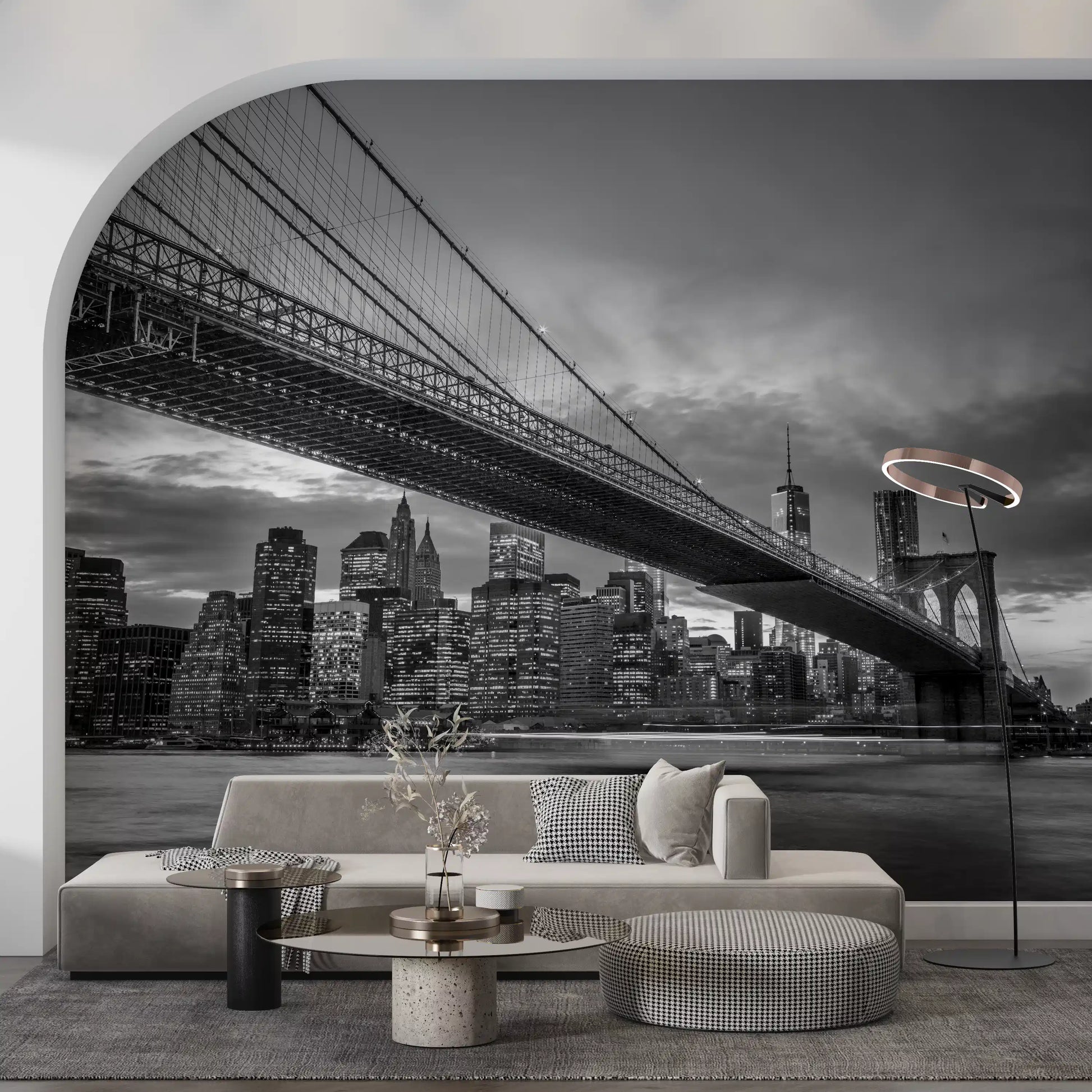 Glowing windows shimmer behind the Brooklyn cables in this Monochrome Bridge wall mural