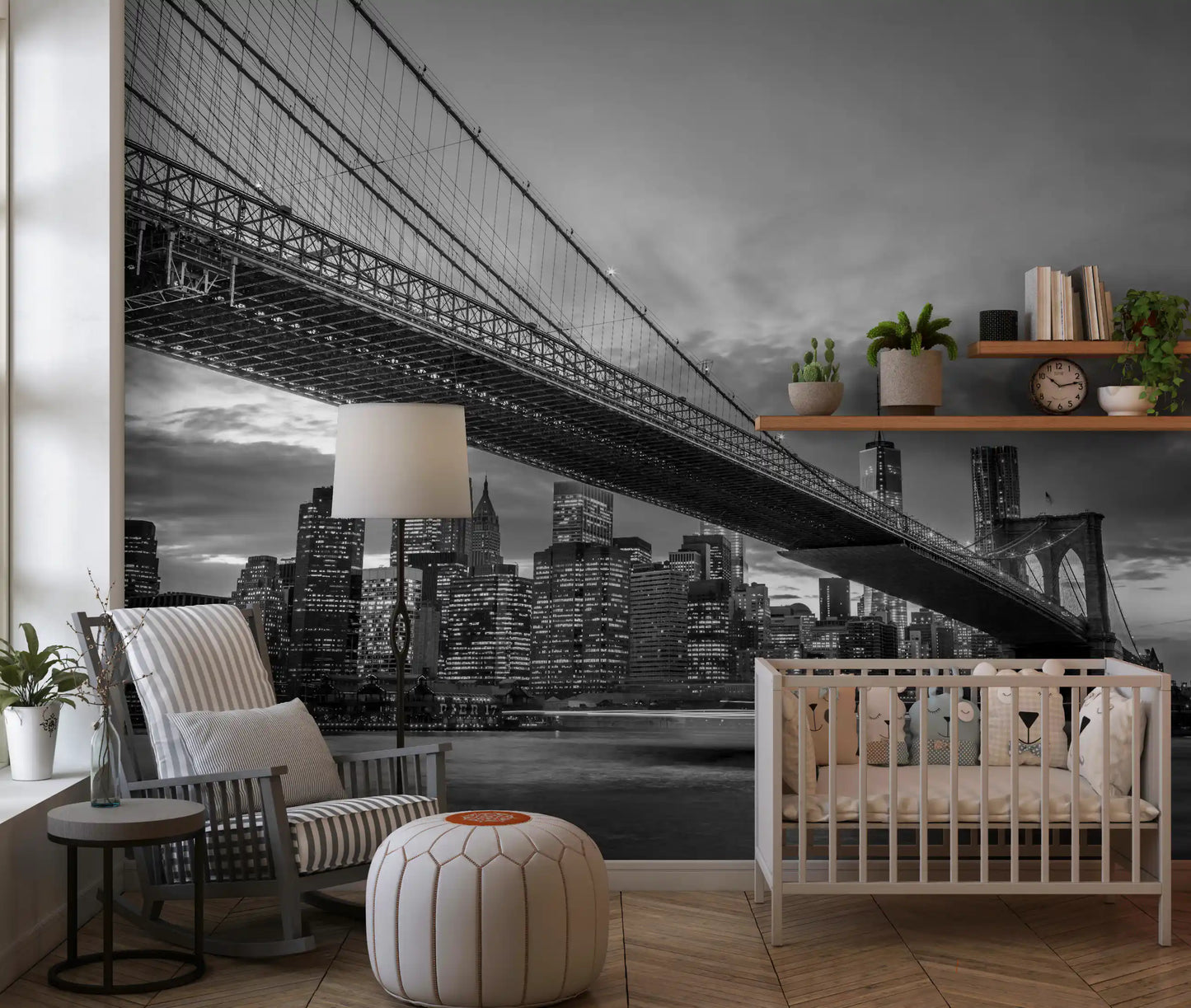 Suspension cables drape over the Nursery in this Monochrome Night wall mural