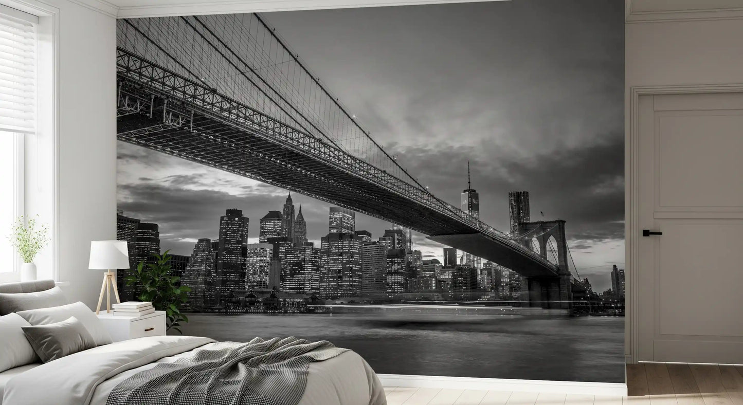 Iconic twilight stretches above Manhattan in this Brooklyn Bridge Night wall mural