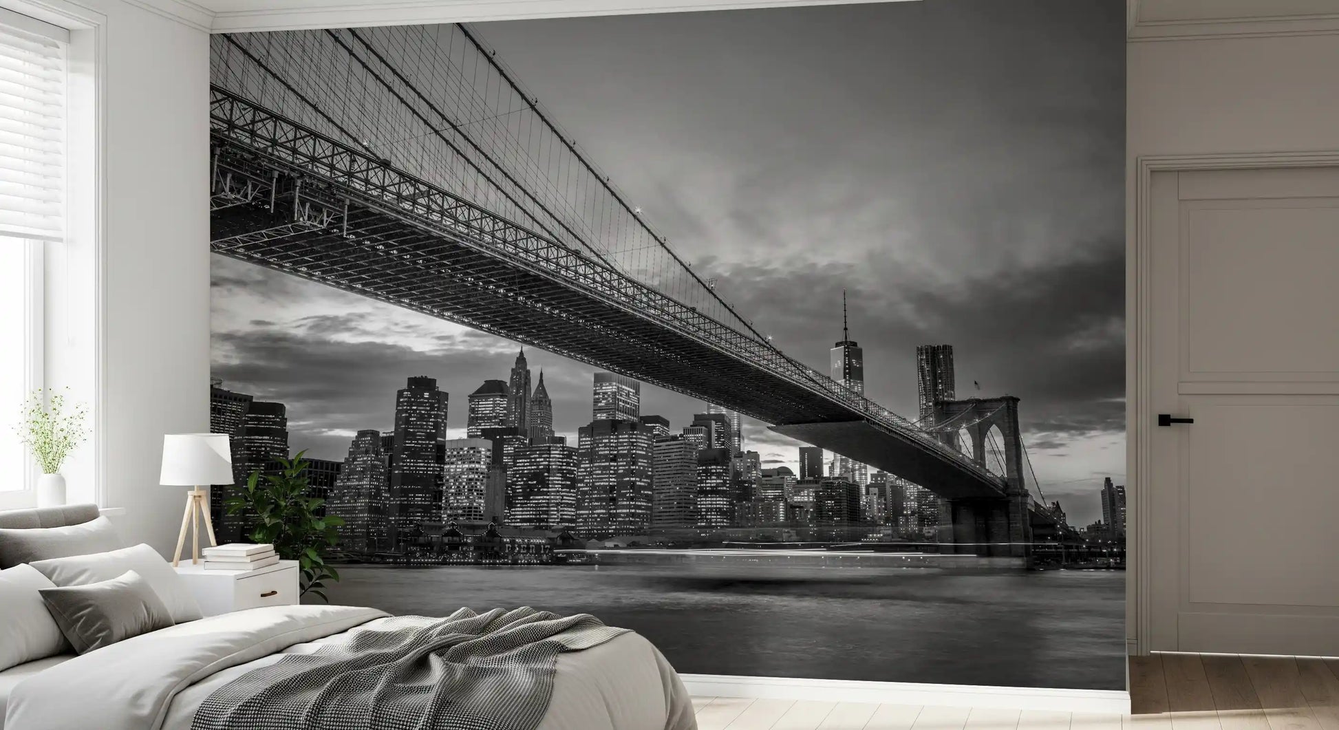Iconic twilight stretches above Manhattan in this Brooklyn Bridge Night wall mural