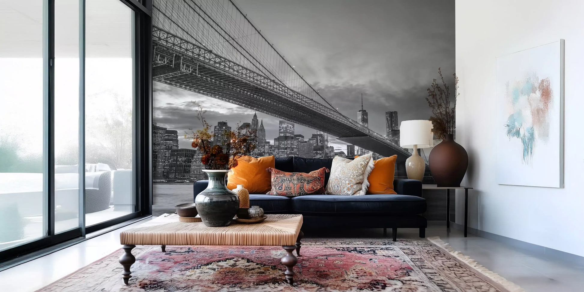 City lights blink through the hallway under this Iconic NYC Night wall mural