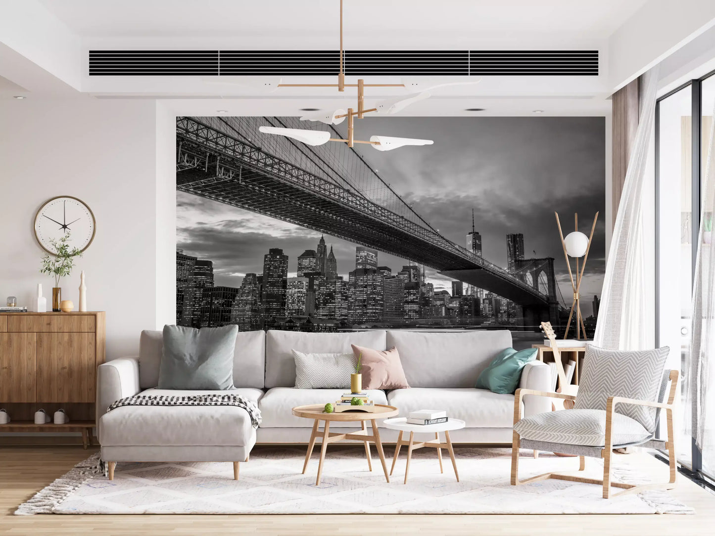 Bridge towers stand against a moody Manhattan skyline in this Iconic Brooklyn Night wall mural
