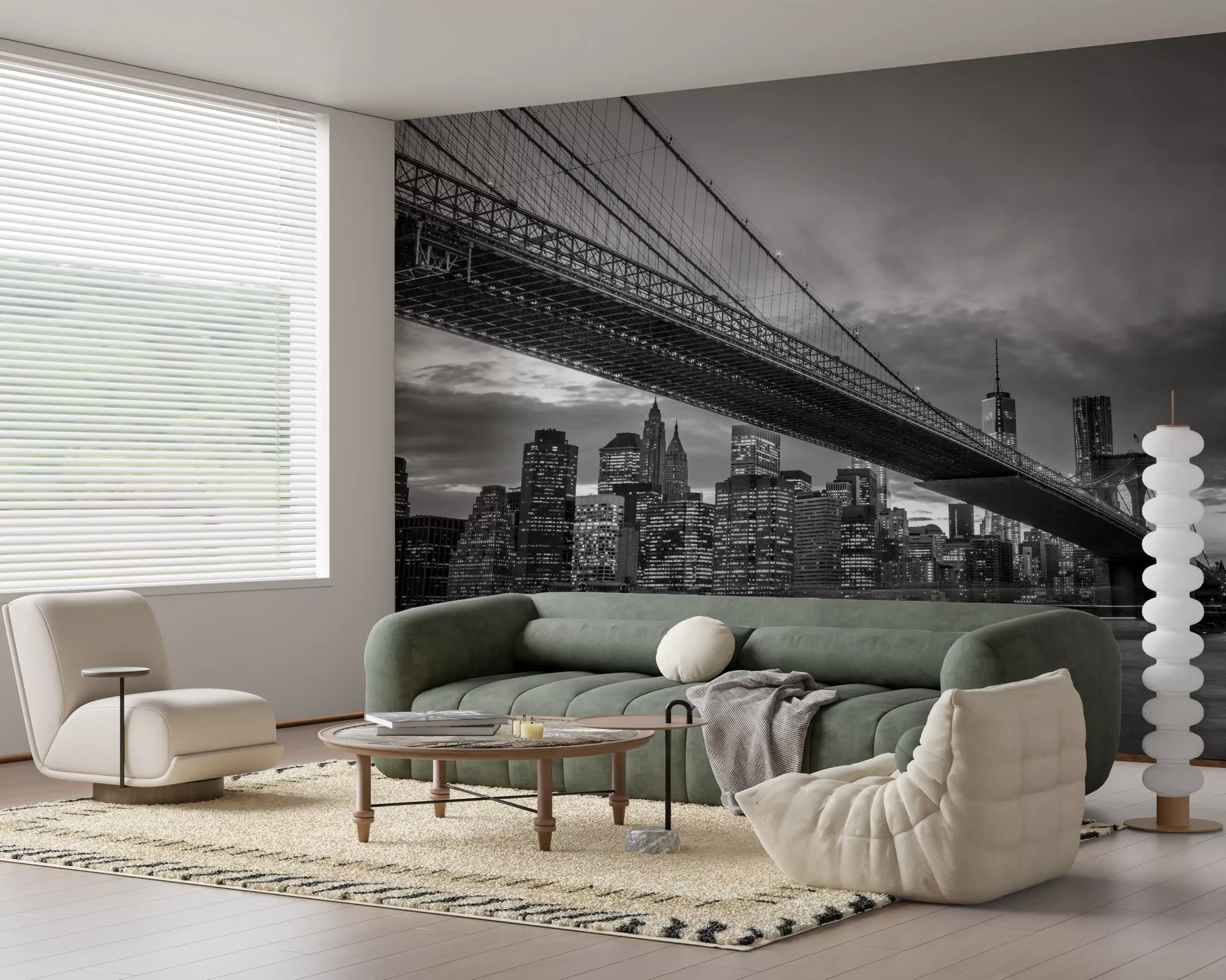 Water surface ripples beneath the bridge in this Brooklyn Monochrome wall mural