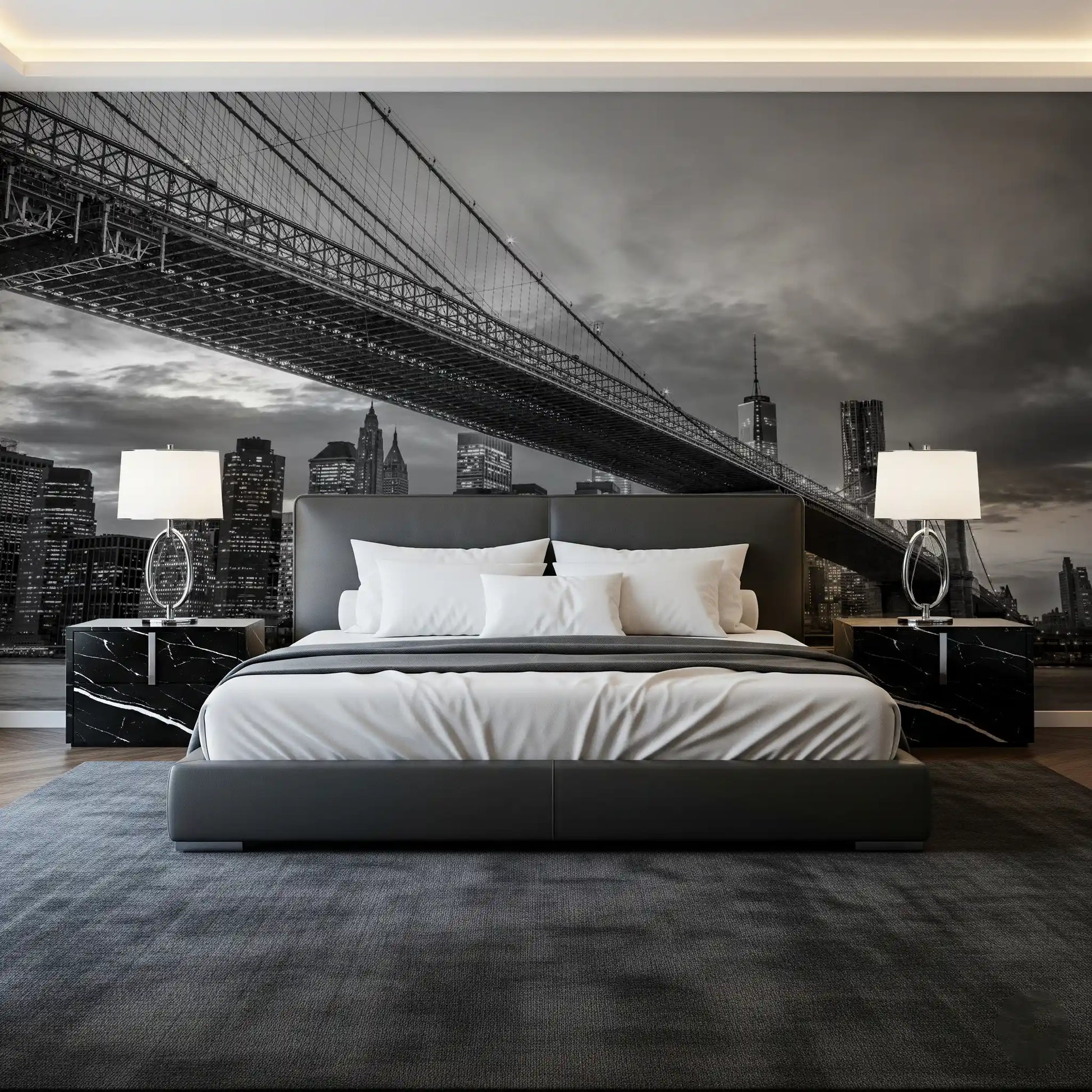 Manhattan skyline meets the Bedroom  behind this Brooklyn Bridge wall mural