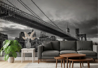 Brooklyn Bridge looms above the Living room within the Iconic NYC wall mural