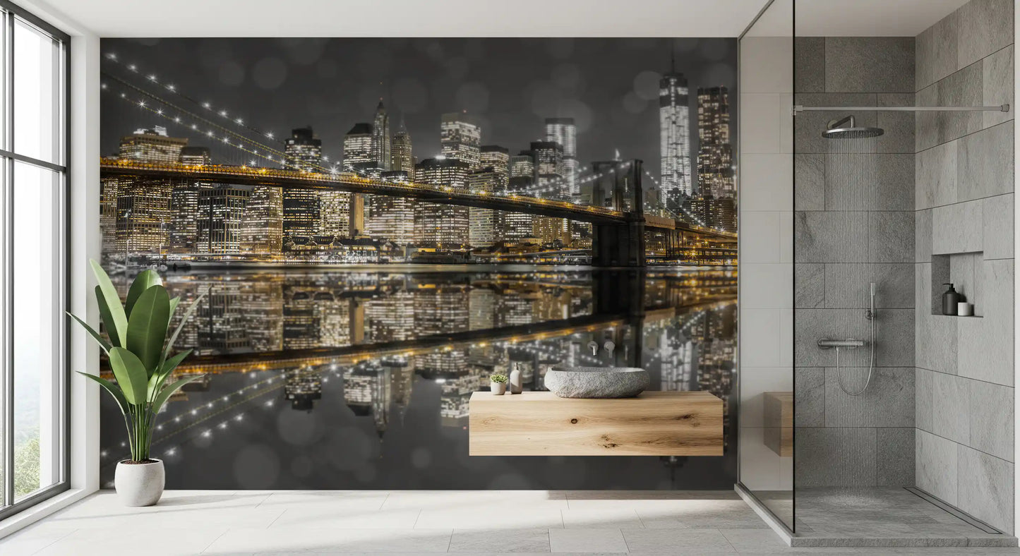 Reflective water doubles the City of Gold & Gray wall mural below.