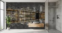 Reflective water doubles the City of Gold & Gray wall mural below.