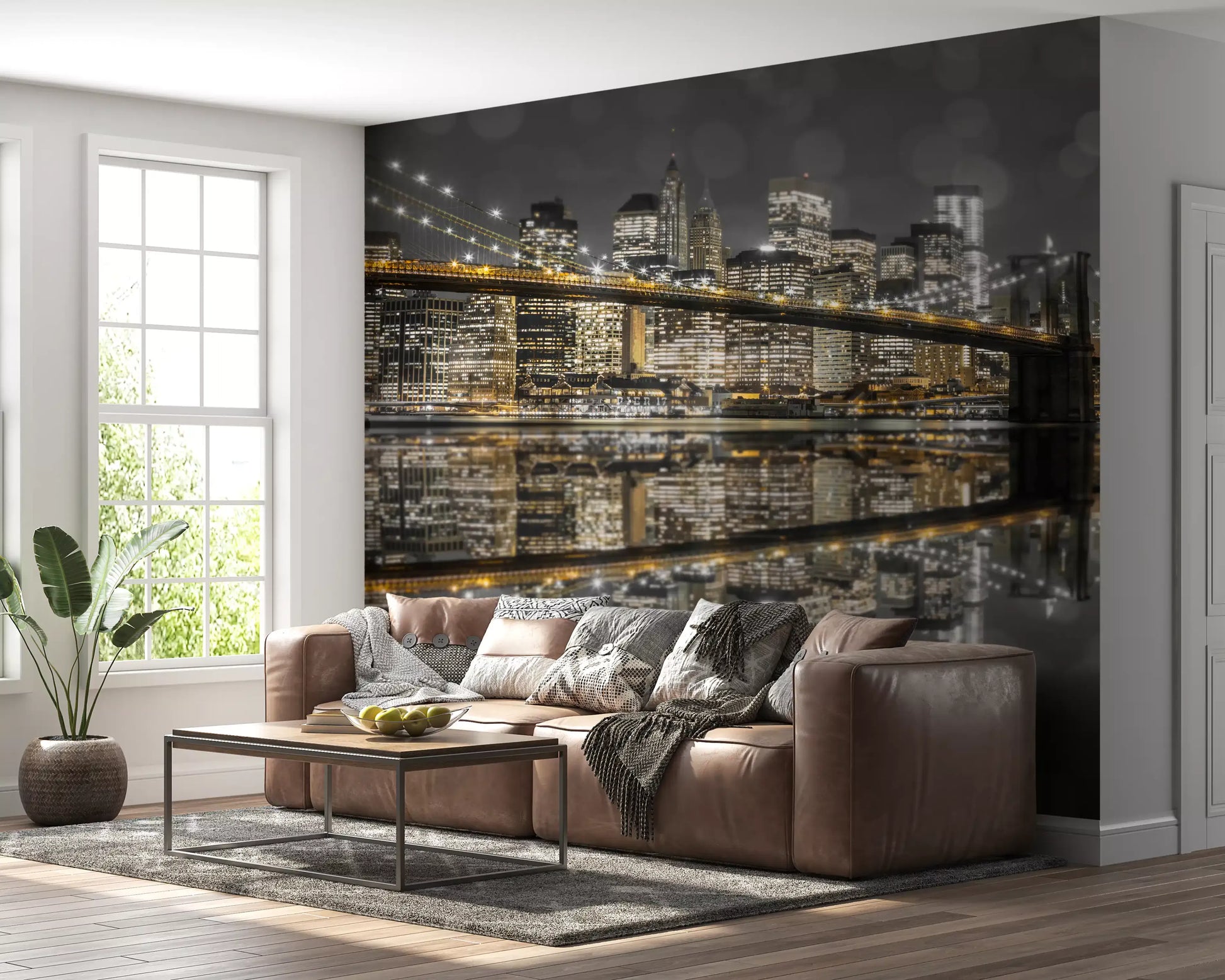 Skyscrapers stand in golden light on the NYC Nightscape wall mural.