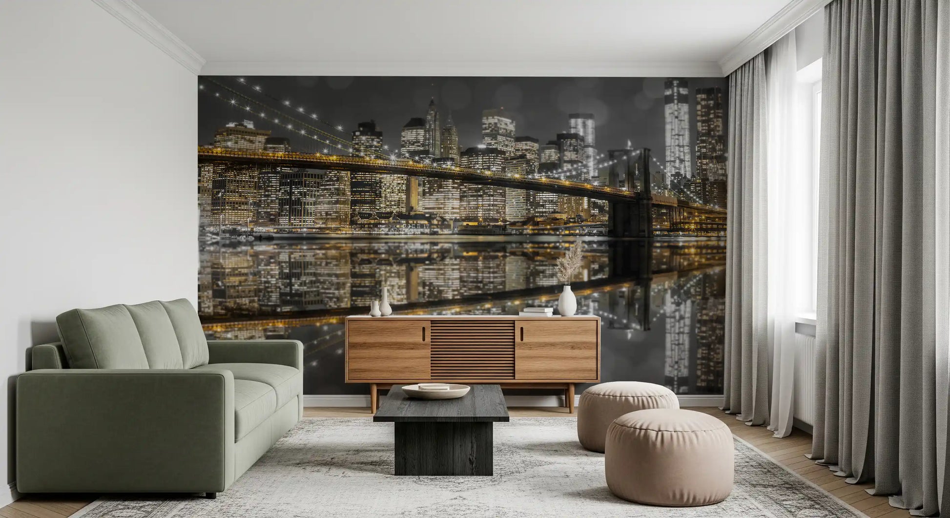 Amber pinpoints dot a lounge from the NYC Nightscape wall mural.