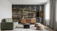 Amber pinpoints dot a lounge from the NYC Nightscape wall mural.