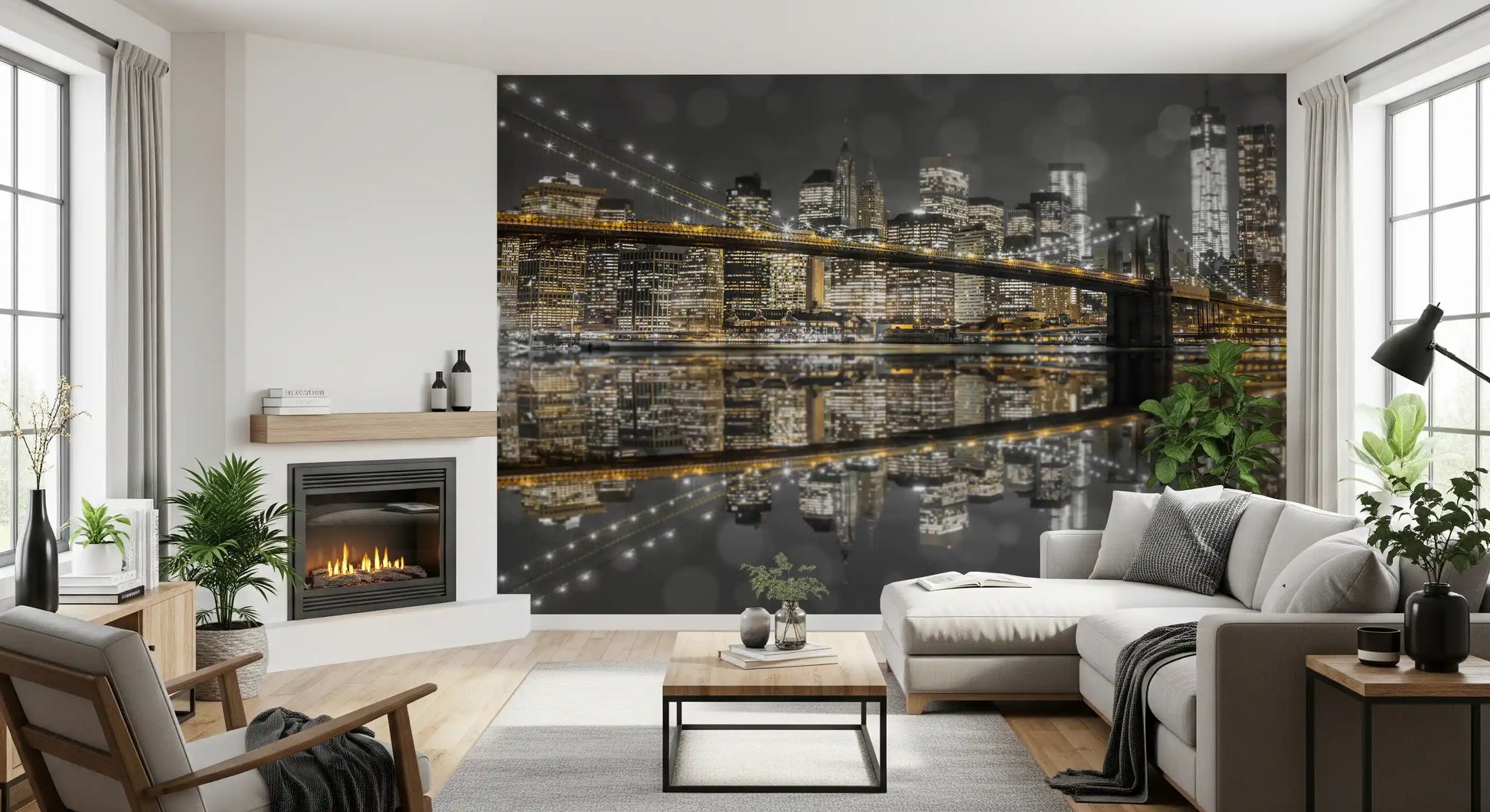 Mirrored skyline of the Gold & Gray Nightscape wall mural floods a sitting room.