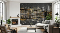 Mirrored skyline of the Gold & Gray Nightscape wall mural floods a sitting room.