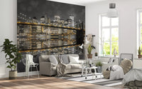 Amber pinpoints dot a lounge from the City of Gold & Gray: NYC Nightscape wall mural.