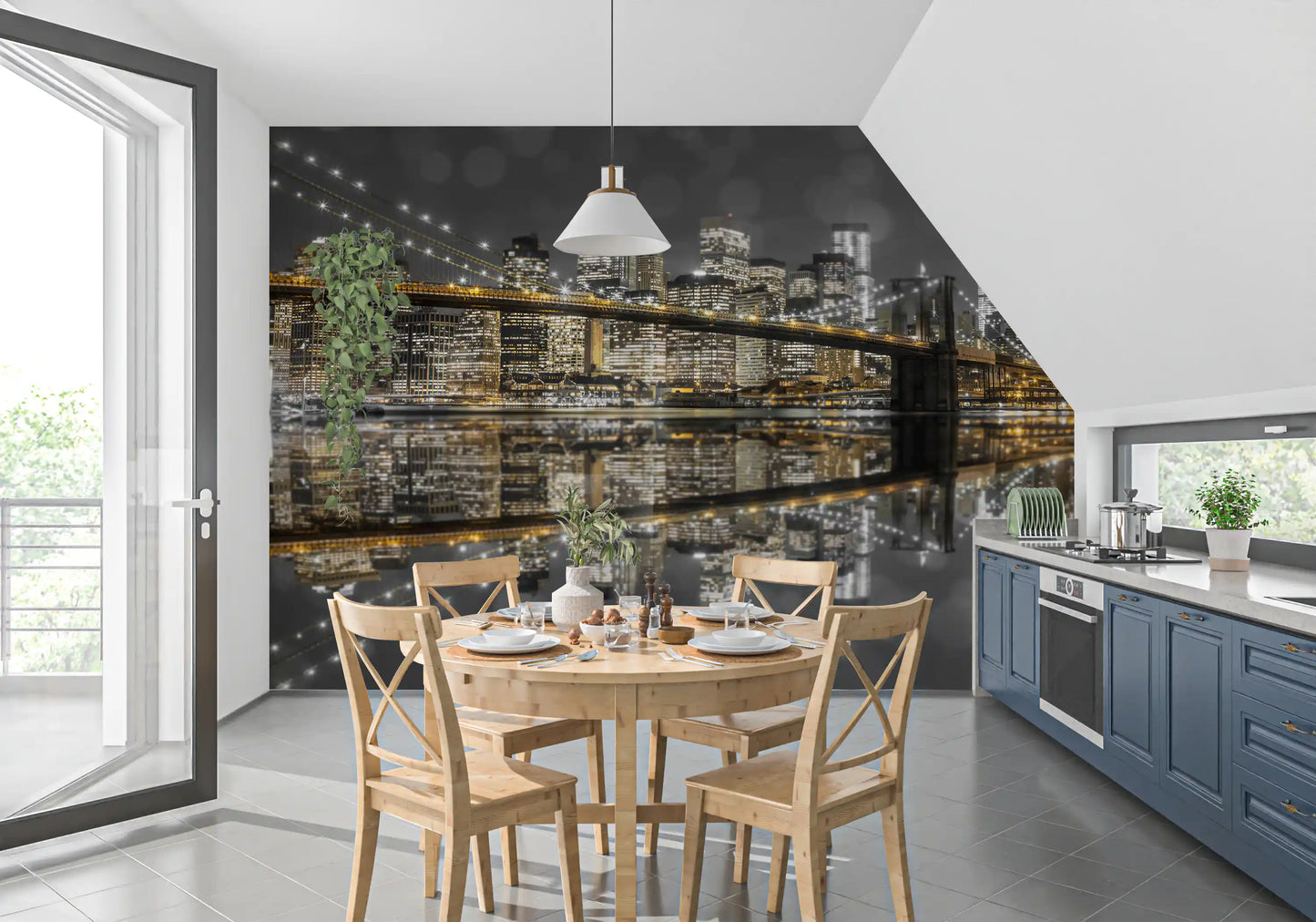 Manhattan in the City of Gold & Gray wall mural glows beside a Kitchen and dining room.