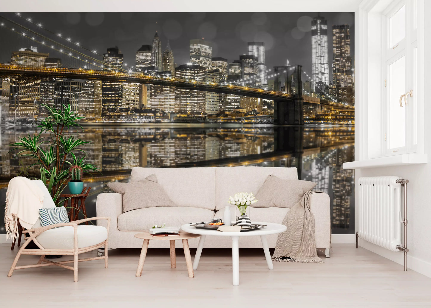Bokeh dots float across the Gold & Gray Nightscape wall mural surface.