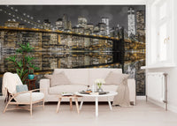 Bokeh dots float across the Gold & Gray Nightscape wall mural surface.