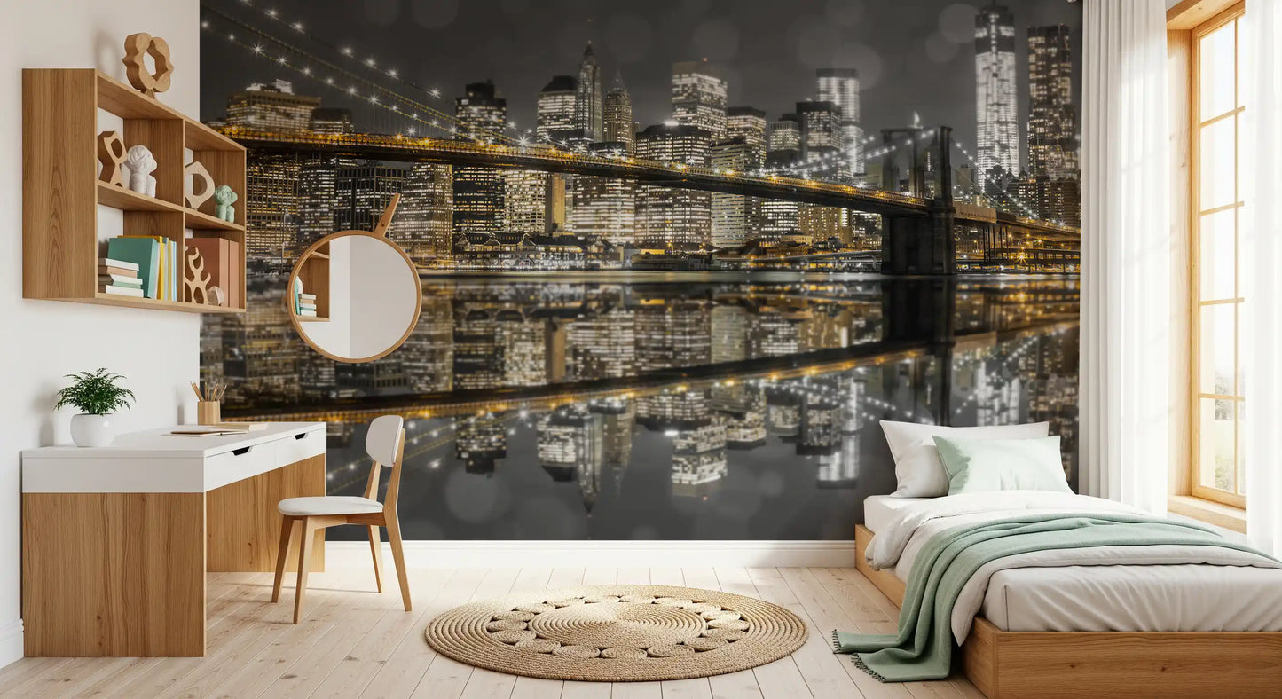 Lights flicker over a Bedroom in the Gold & Gray Nightscape wall mural.