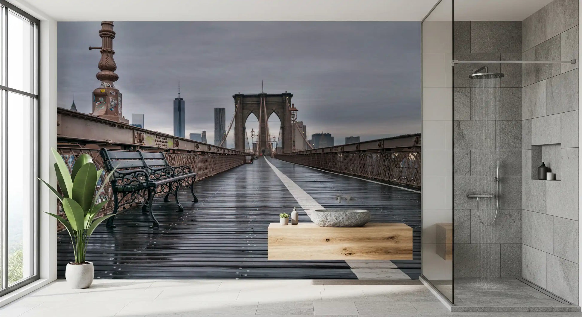 Center painted stripe runs the length of the boardwalk in this Brooklyn wall mural