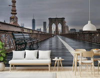 Gothic towers and suspension cables fill a dining room , Brooklyn Bridge Serenity wall mural
