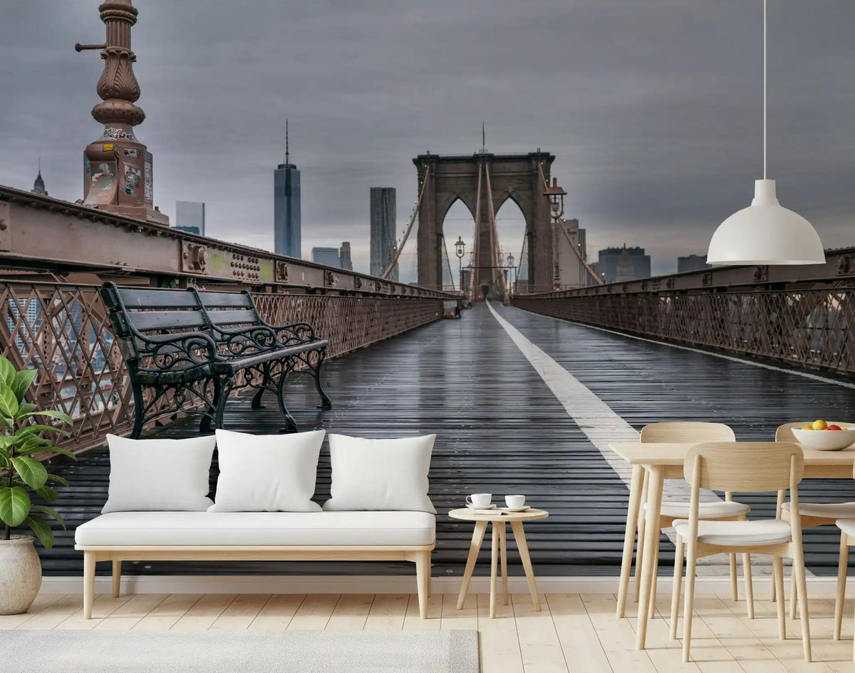 Gothic towers and suspension cables fill a dining room , Brooklyn Bridge Serenity wall mural