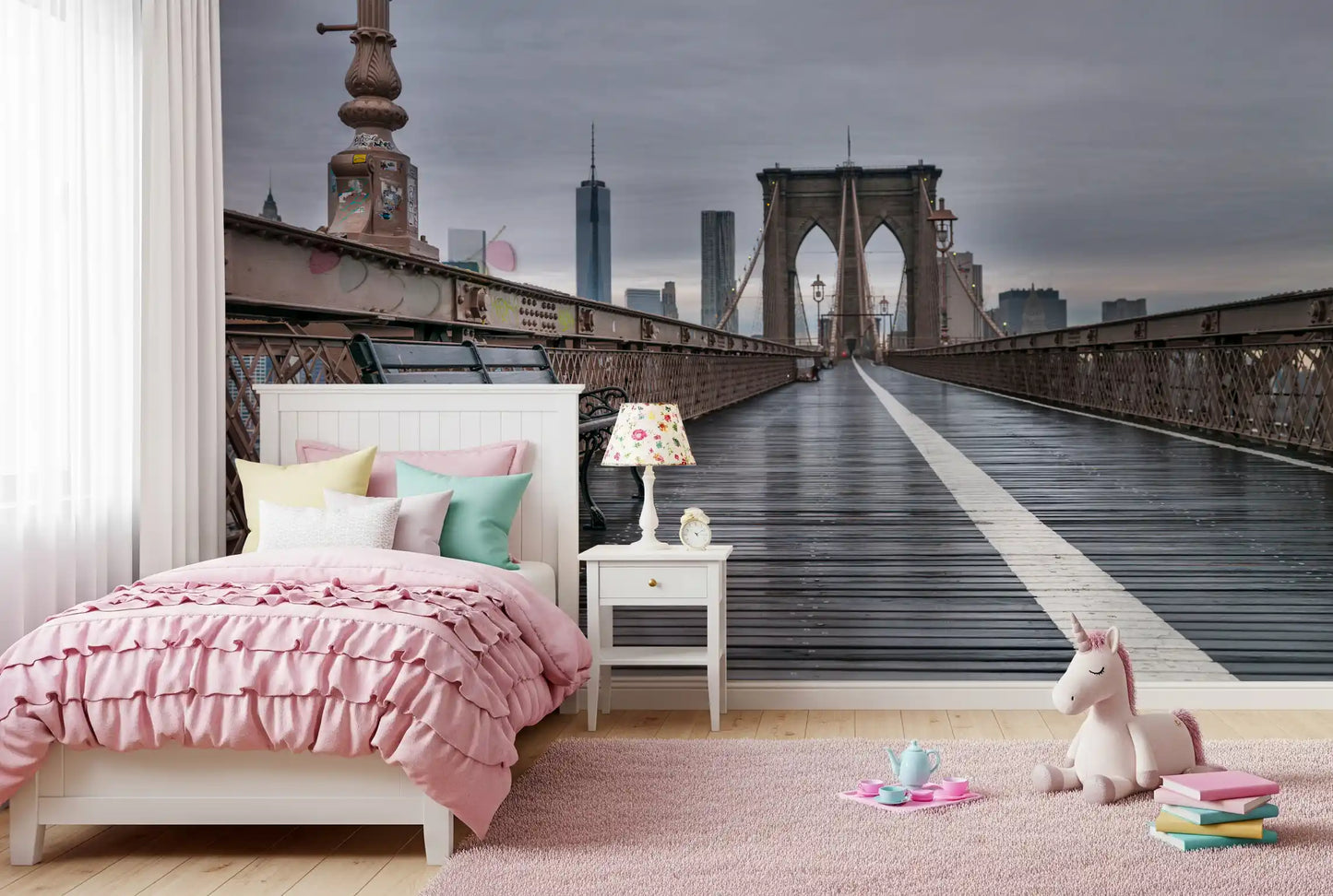 Empty boardwalk and grey sky quiet a Kids bedroom with this Brooklyn wall mural