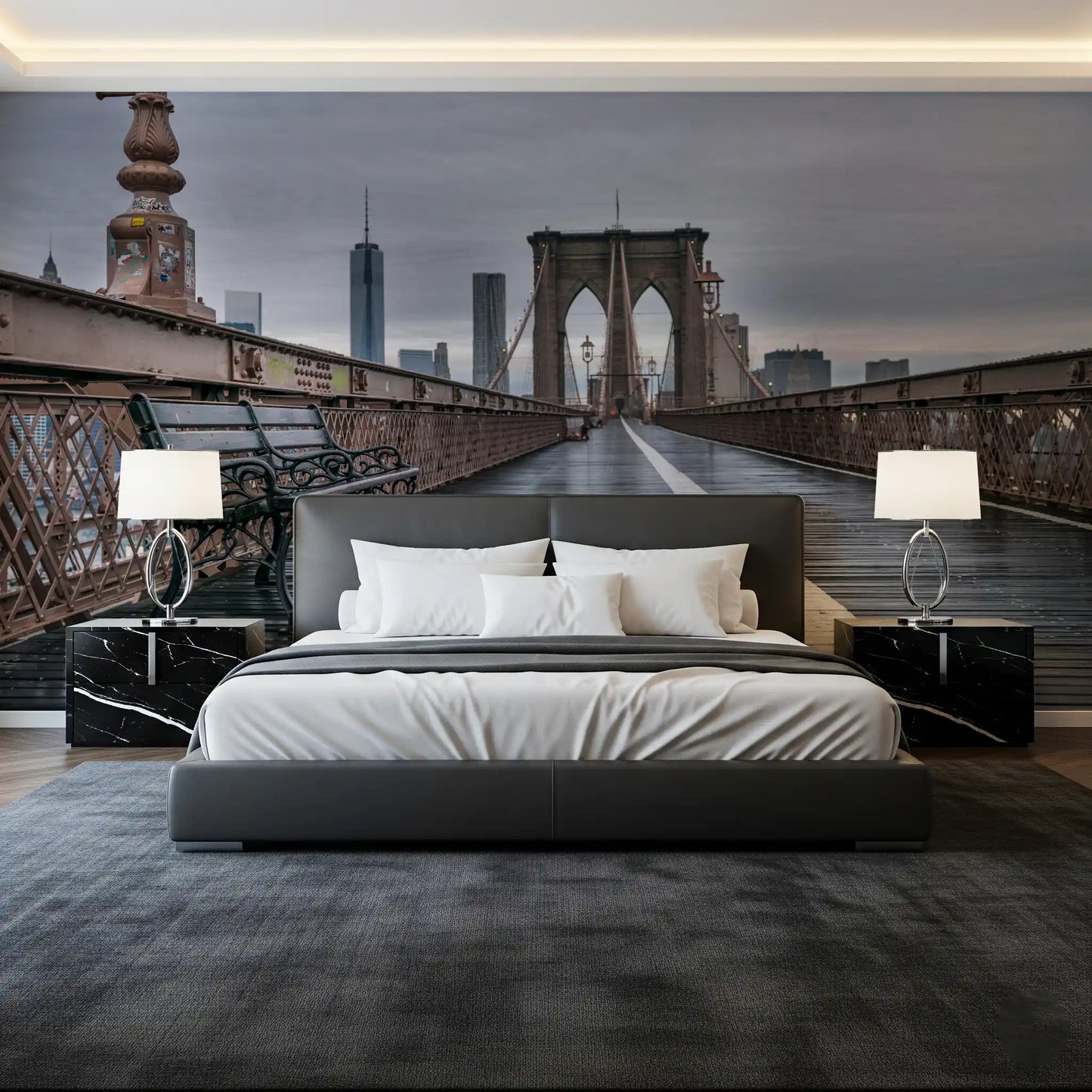 Wet planks and white line make a Bedroom  cinematic, Brooklyn Bridge wall mural