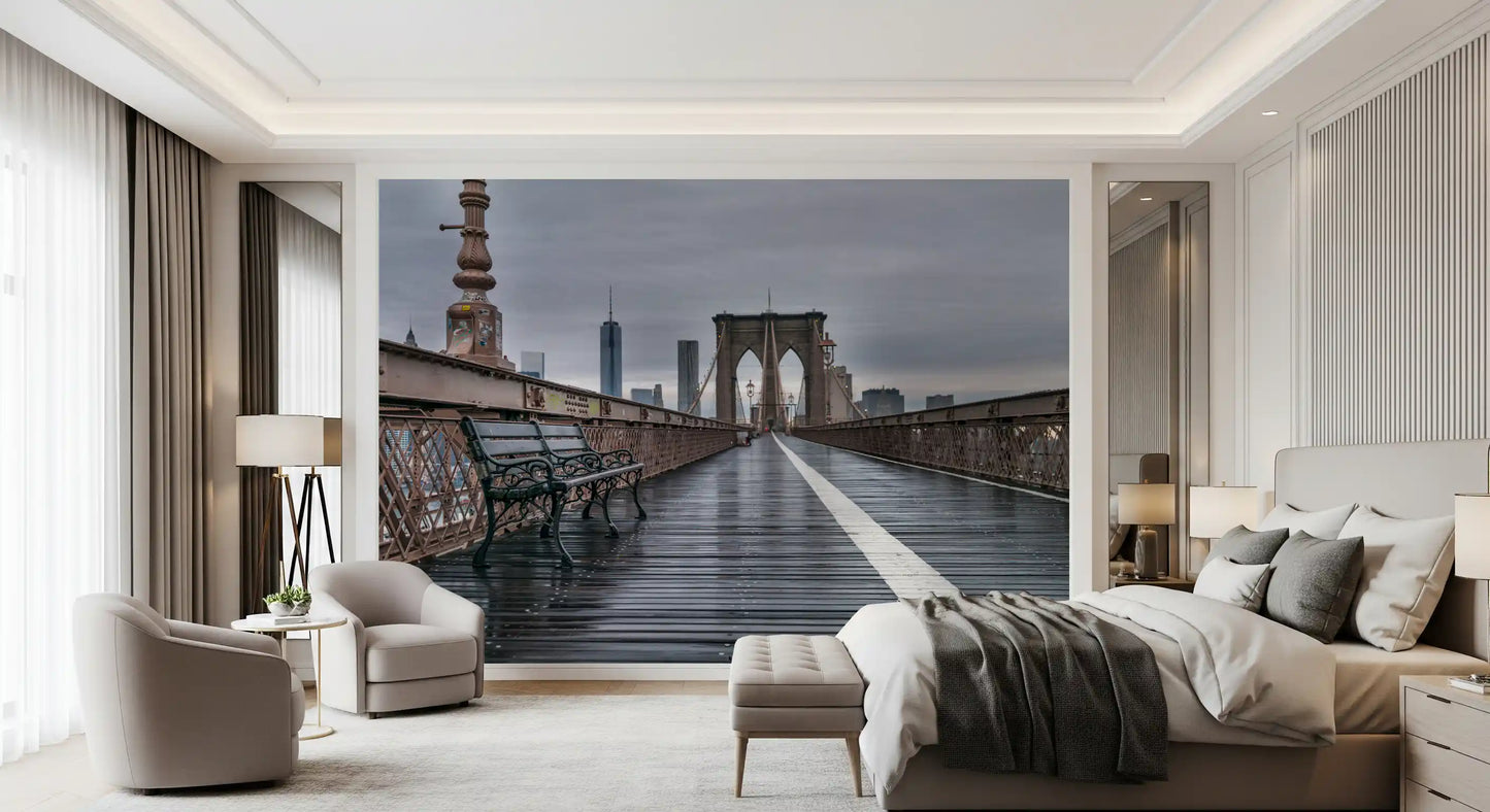 Deep perspective and bridge view extend a Bedroom with this Brooklyn wall mural