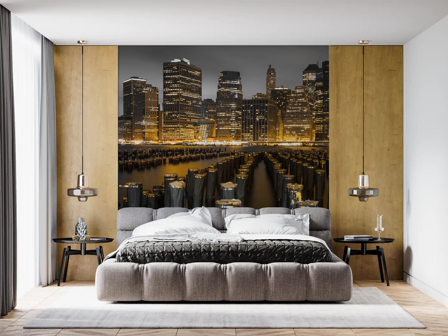 Evening architecture dominates the bedroom via a dark Golden wall mural