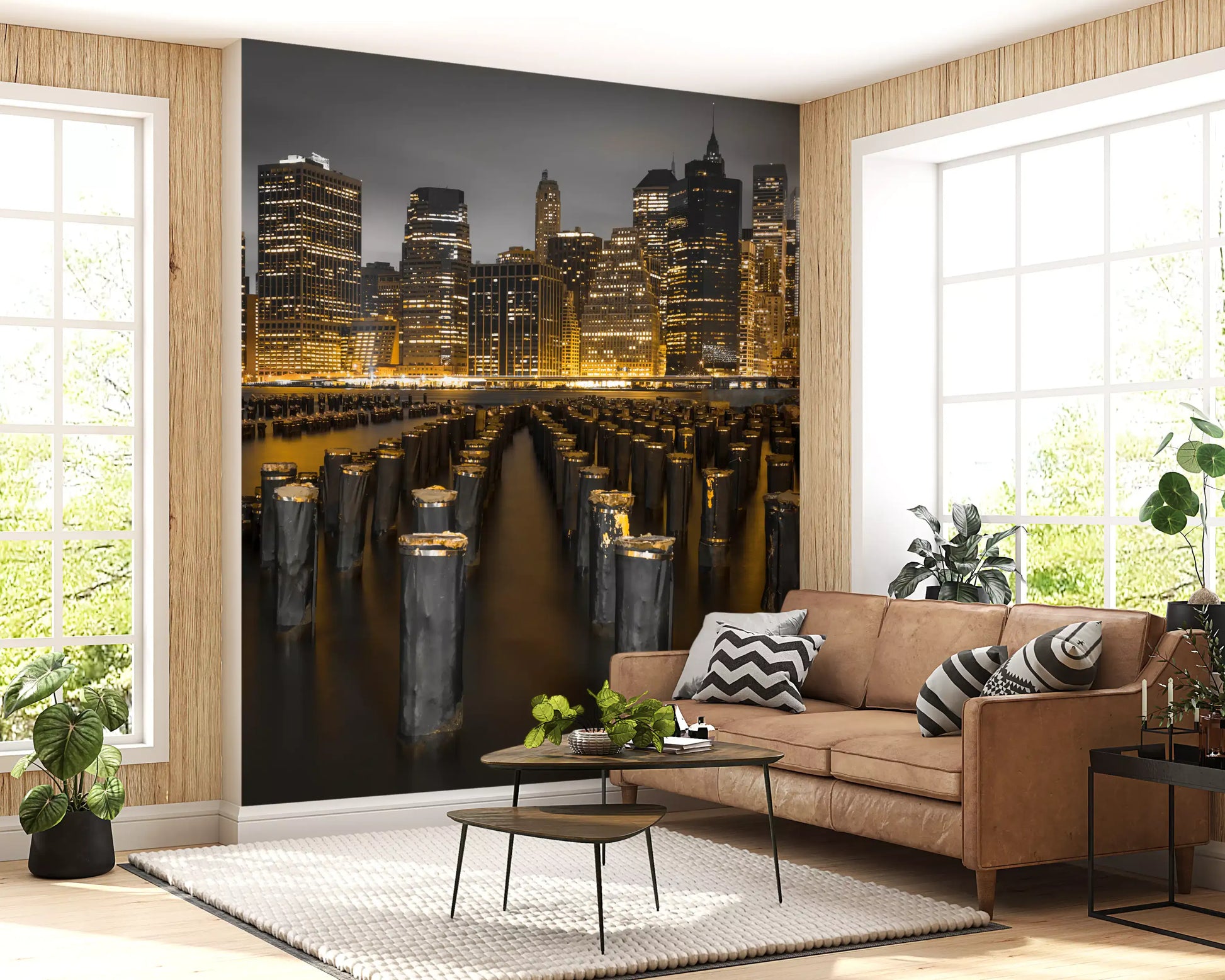 A Golden Skyline Contrast wall mural glowing with amber streetlights