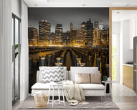 Urban Skyline wall mural filling the background of a spacious living room