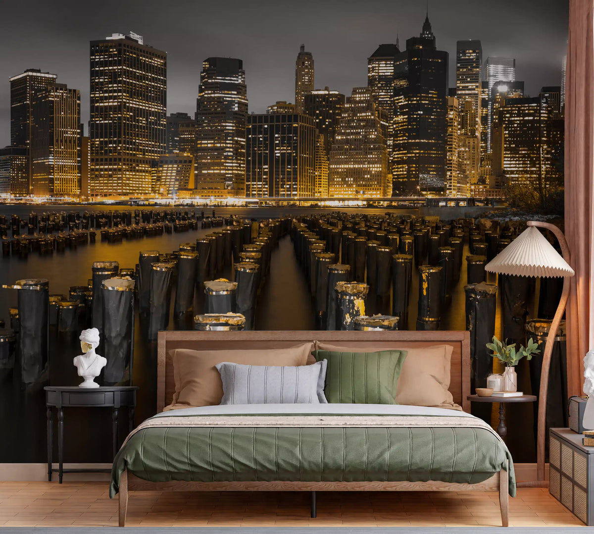 Golden Skyline Contrast wall mural illuminating a modern bedroom interior